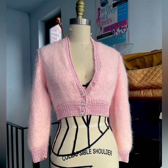 Vintage Sweaters - - 🪷🌸Vintage Hand Knit Mohair & Crochet Crop Cardigan 🌸🪷